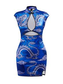 Y2Kool Vecteezy Blue Chinese Dragon & Cloud Print Oriental Element New Chinese Style Fitted Mini Cheongsam Dress, Suitable For Autumn/Winter Parties, Gatherings And Daily Wear Blue Dragon Dress Cutout Dress Graphic Dress Cut Out Dress Hollow Out Dress Blue Sexy Dress Gyaru Blue Dress Party Dress - Blue - View 4