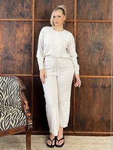 Arliah 2pcs Women Solid Color Round Neck Drop Shoulder Long Sleeve Sweater And Wide Leg Knit Pants Set, Autumn/Winter Fall Cloth For Women - Apricot - View 5