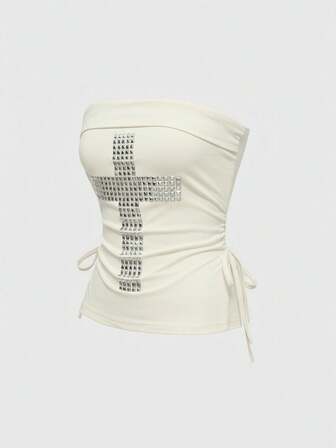 J-Fashion Y2K-Kreuz mit Strass-Verzierung, schwarzes trägerloses Crop-Top mit Kordelzug und Schlitzausschnitt für Frauen im Kpop-Stil