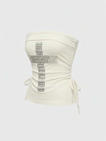 ROMWE J-Fashion Y2K十字铆钉水钻装饰黑色露脐无肩带抽绳开衩下摆女式韩流上衣