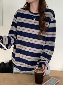 DAZY 女式休闲条纹宽松长袖圆领T恤，秋季 - 寶藍色 - 查看 3