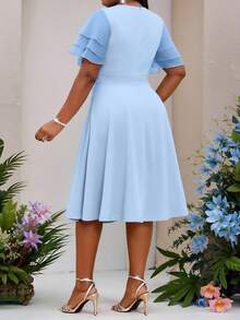 Fleurora Plus Size Elegant V-Neck Cinched Waist Ruffle Sleeve Blue Dress, Summer - Blue - View 2