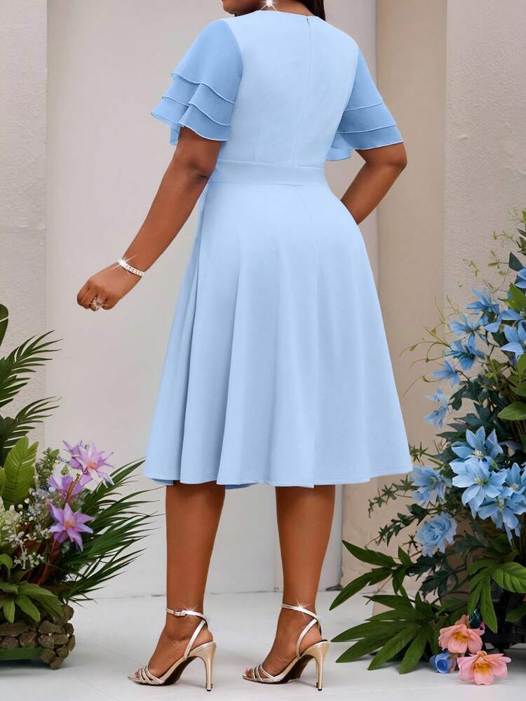 Fleurora Plus Size Elegant V-Neck Cinched Waist Ruffle Sleeve Blue Dress, Summer - Blue - View 2