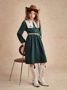 青少年女孩休闲花卉刺绣灯笼袖连衣裙 - 墨綠色 - 查看 5