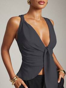 Hauture Áo vest nữ thiết kế bất đối xứng màu trơn thời trang - Màu xám đen - Xem 2