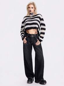 Breakform Punk Jeans Street Style Mid-Rise Cross Wing Rhinestone Embellished Washed Wide Leg Jeans - Black - View 2