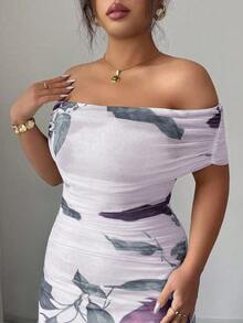 Modelyn Plus Size Women Mesh Printed Off Shoulder Ruched Formal Dress - Purple - View 5