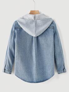 SHEIN Tween Boy Fashion Casual Vintage Y2k Old Money Based Grey Knitted Hooded Patchwork Black Denim Loose Jacket Jacket Top For Kids Clothes Boys Soft Dailywear And Kids Summer And Spring Rave Outfits Festival And Beach Outfits Clothes