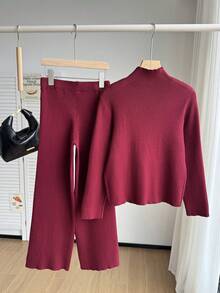 2 件套女士时尚休闲高领短款毛衣和阔腿裤针织套装，适合居家、旅行、度假，酒红色 - 酒紅色 - 查看 2