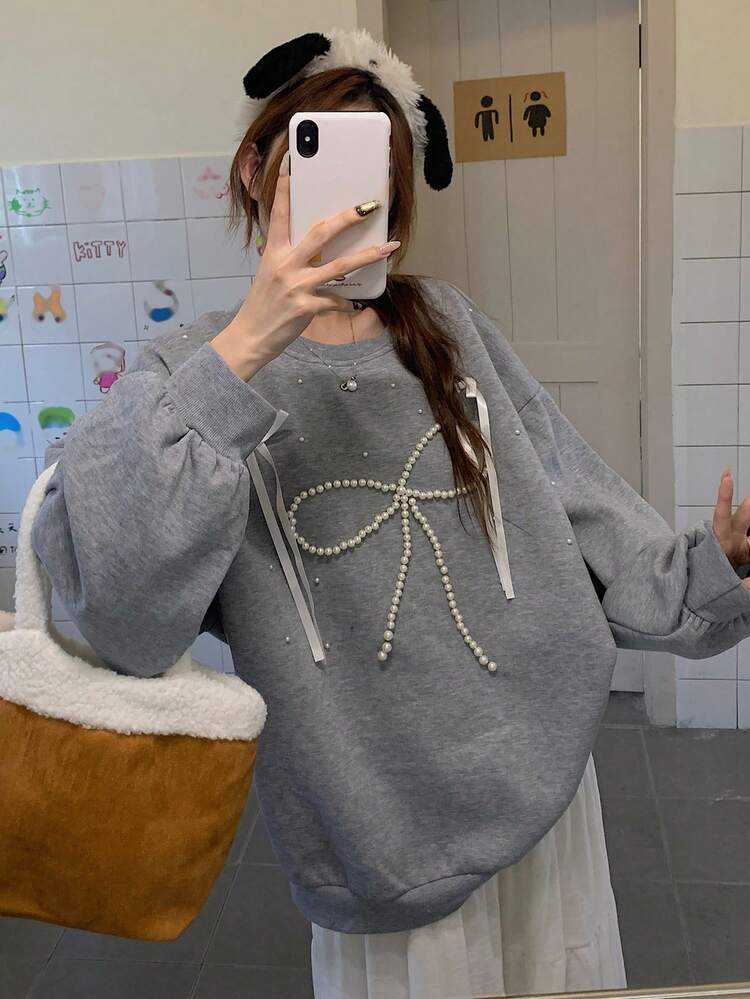Women's Autumn/Winter Thermal Lined Crew Neck Sweatshirt With 3D Bow & Pearl Decor, Casual