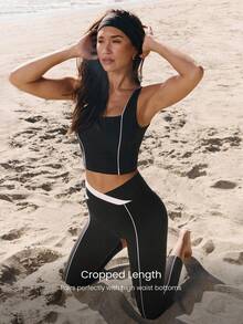 GLOWMODE FeatherFit™ On The Line Soft Stretchy Sweat-Wicking UV Protection Crossover Back Two-Tone Removable Cups Cropped Active Tank Low Impact Yoga Pilates Studio Daily Active Wear - Black and White - View 4