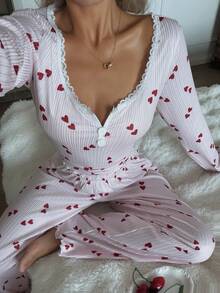 CottageSlumber Damen Gestrickter Jacquard Herz Muster Spitzenbesatz Langarm Top & Hose Pyjama Set, Winterkleidung - Verschiedenfarbig - Übersicht 7