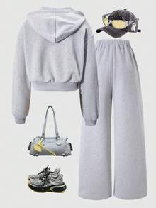 Sparklyn 2 件套青少年女孩休闲拉链连帽衫和宽松阔腿裤套装，字母印花，休闲街头风格，适合秋冬季