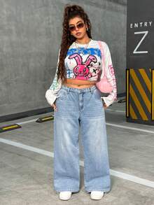 SHEIN ICON 加大码高腰宽松链条装饰保暖内衬阔腿牛仔裤 - 藍色 - 查看 4