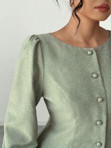 SHEIN Elenzya Camisa elegante de fiesta con cintura ceñida de unicolor talla grande, pantalones holgados elegantes de fiesta con cintura ceñida de unicolor de longitud regular, conjunto de 2 piezas para mujer, otoño/invierno