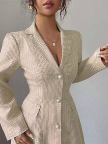 Elenzga New Women Lapel Long Sleeve Faux Pocket Open Front A-Line Long Dress, Casual Vacation Daily Versatile Young Elegant Lady Dress, Autumn/Winter - Khaki - View 3