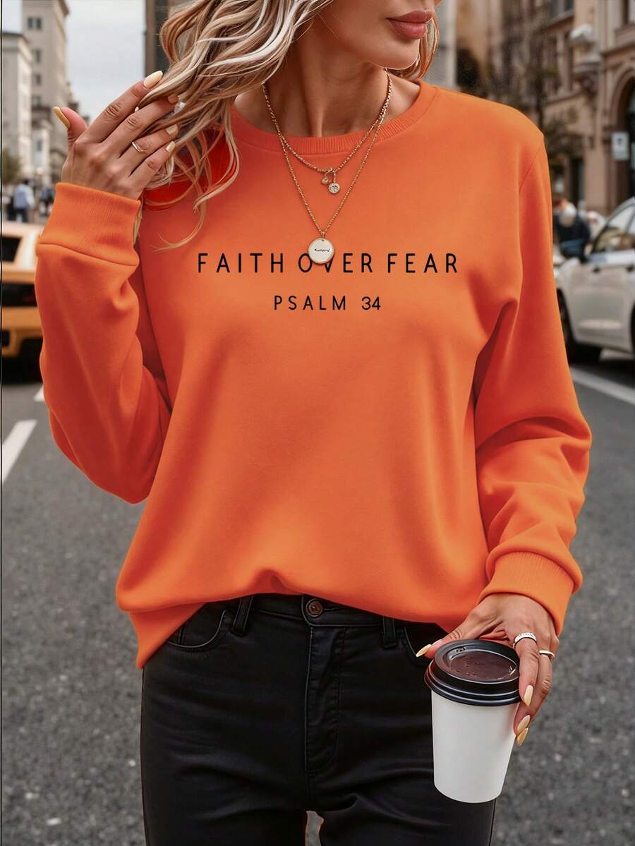 EMERY ROSE Áo nỉ dài tay cổ tròn in chữ dành cho nữ, Thu/Đông - trái cam - Xem 1