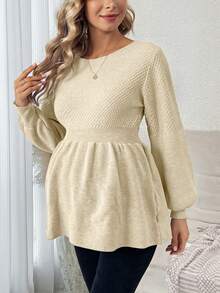 SHEIN Maternity Solid Color Round Neck Lantern Sleeve Ruffle Hem Casual Sweater, Autumn/Winter - Beige - View 5