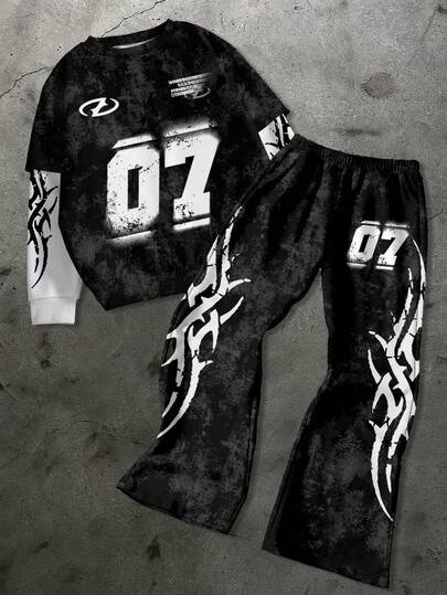 SHEIN Explorewe 青少年男孩街头风格数字印花休闲连帽卫衣和慢跑裤套装（2 件套）