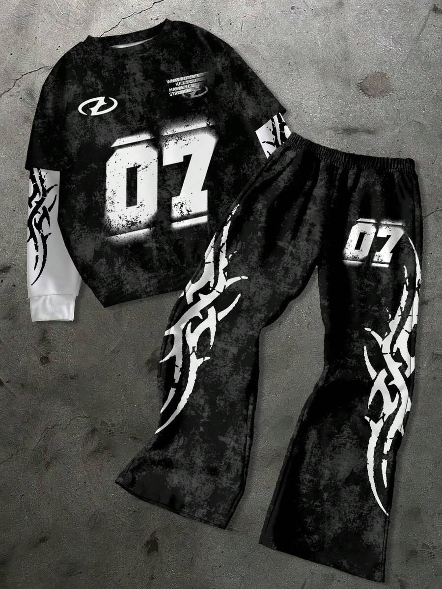 SHEIN Explorewe Bộ 2 áo hoodie in số phong cách đường phố và quần jogger cho bé trai tuổi teen - Nhiều màu - Xem 1