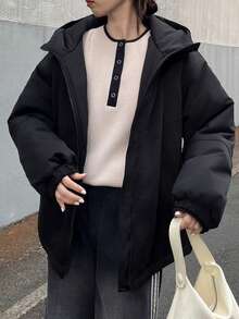 FRIFUL 女式纯色宽松休闲连帽棉服 - 黑色 - 查看 4