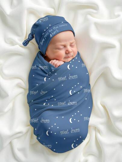 SHEIN 2Pcs Set Newborn Photography Swaddle Wrap With Matching Hat Moon Star Printed Baby Boy Swaddling Blanket Infant Photography Outfits