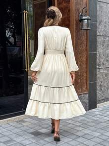 Serisse Ropa de otoño e invierno para mujer 2025 Nuevo vestido midi elegante de mujer casual con contraste de color bordado de lino con cordón y cintura ceñida. Vestido midi para ir al trabajo con contraste. Vestido de Navidad, vestido de fiesta, vestido para salir, vestido para boda civil, vestidos elegantes para mujer, vestido elegante, vestido de invitada de boda, vestido de dama de honor de invierno, vestido de vacaciones elegante para mujer, vestido de graduación, vestido de Año Nuevo para mujer, vestido de invierno - Multicolor - Ver 5