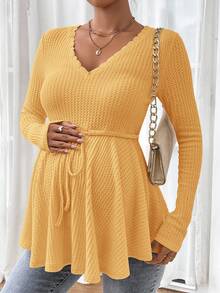 SHEIN 孕妇休闲纯色V领系腰T恤 - 黃色 - 查看 3