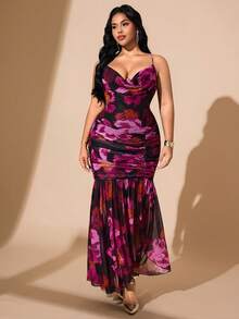 Hourglow Váy xẻ cao họa tiết hoa thanh lịch và gợi cảm cỡ lớn - màu đen - Xem 3