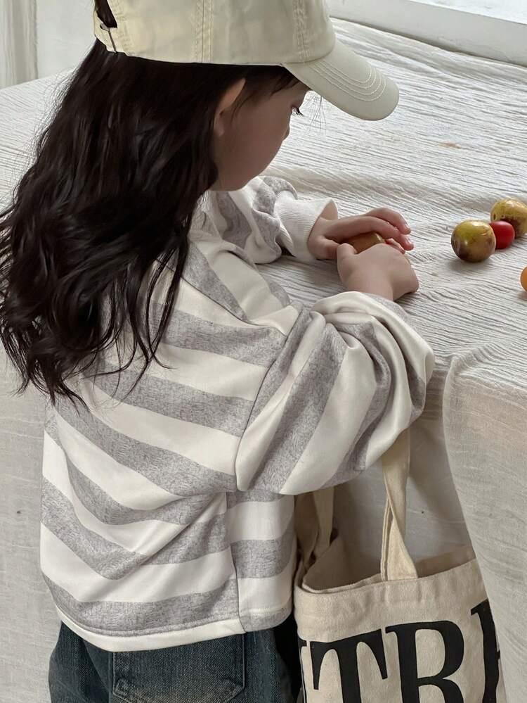 Young Girl Striped Crew Neck Fleece Sweatshirt, Fall, Winter
