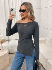 Easowa Asymmetric Shoulder Pleated Waist Long Sleeve T-Shirt, Casual Loose Elegant Commuter Style For Women, Autumn/Winter - Grey - View 7