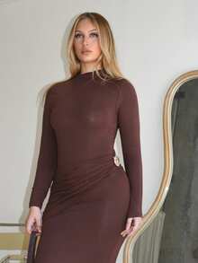 Arliah Elegant Women Long Sleeve Dress With Metal Decoration, Daily Casual / Date / Outing / Nightclub Party / Gathering Outfit - Coffee Brown - View 6