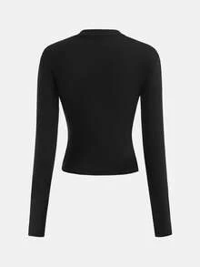 SHEIN Girlism 少女学院风校园装，黑色立领针织毛衣长袖 T 恤和棕色格子百褶裙两件套，休闲秋季 - 棕色 - 查看 4