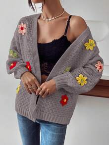 SHEIN LUNE Women's Colorful Floral Decor Casual Long Sleeve Cardigan, Christmas - Mocha Brown - View 5