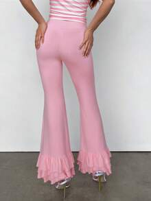 Sweetina Women's Casual Pink Fashion Cute Simple Solid Color Overlap Waist Bow Decor Multi-Layer Ruffle Hem Flare Pants - Pink - View 4