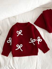 年轻女孩时尚百搭可爱蝴蝶结针织毛衣和喇叭裤套装 - 紅色 - 查看 4