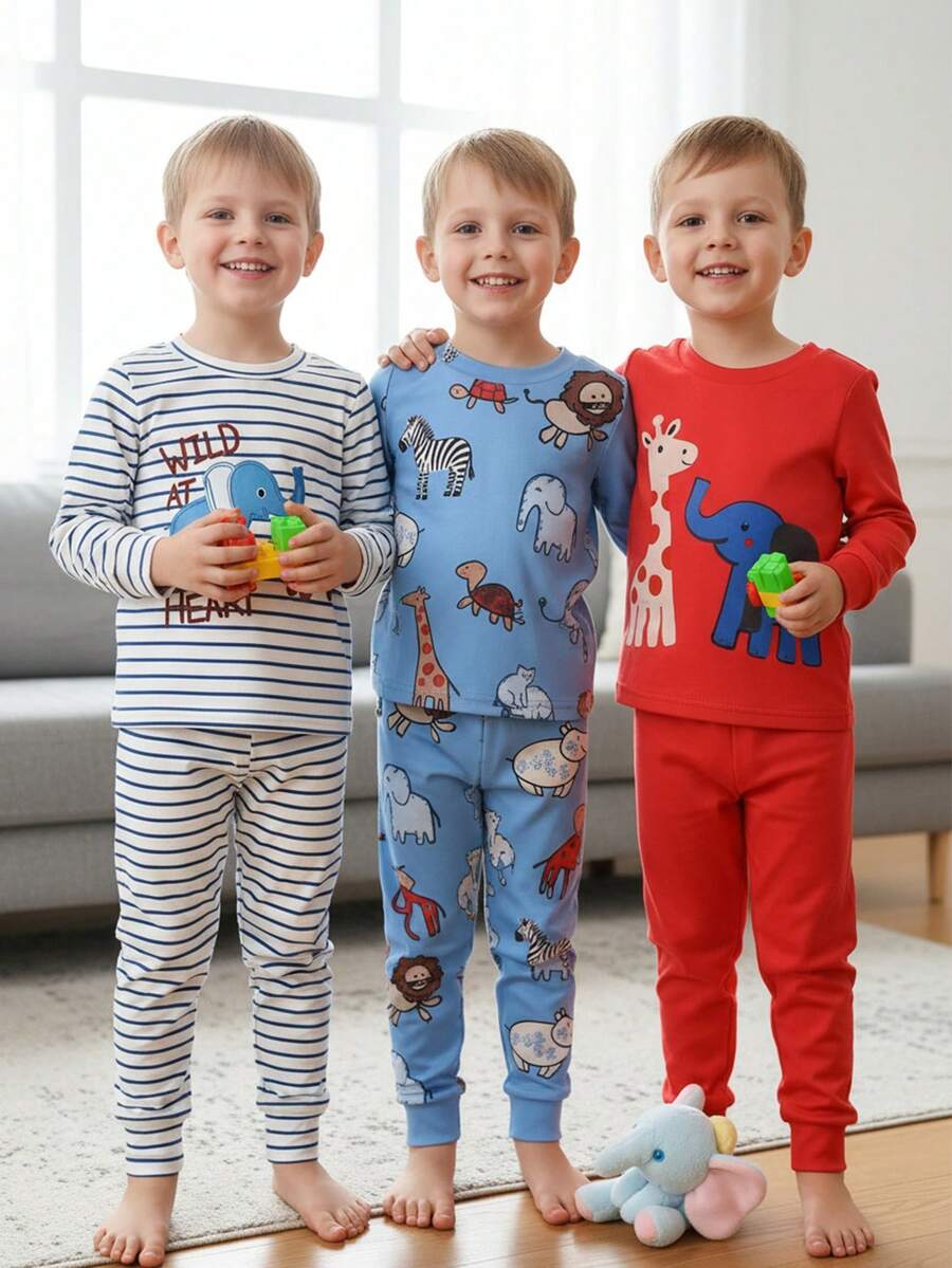 3件套男童可爱卡通条纹印花舒适长袖T恤和长裤睡衣套装 - 彩色 - 查看 1