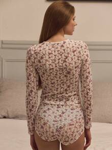 lacRébo Conjunto de ropa de estar en casa con encaje floral blanco, que incluye top de manga larga y shorts a juego, para otoño e invierno