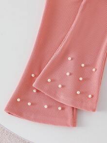 Genkimix Kids 2pcs Girls (Small) Knitted Sweatshirt With Bow & Pearl Decor, Round Neck Top And Flared Pants Set, Casual Outfit For Spring/Autumn Girls Lounge Set Girls Comfy Set Girl Long Sleeves Outfits Elegant Set For Girls Pearl Embellished Girls Outfit Fall Winter