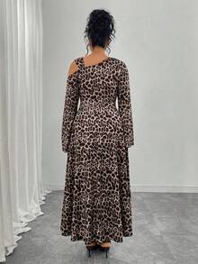 SHEIN Elenzya Plus Size Women Classic Leopard Print Asymmetric Shoulder Flare Sleeve Ruffle Decor Fitted Maxi Elegant Party Dress - Brown - View 2