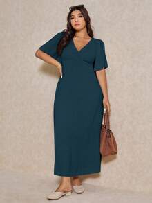 Elaquor 大码休闲 V 领收腰 A 字形连衣裙，优雅度假 - 藍色 - 查看 6