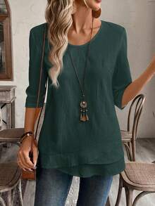 EMERY ROSE Plus Size Asymmetric Hem Green Country Shirts Fall Clothes - Green - View 6