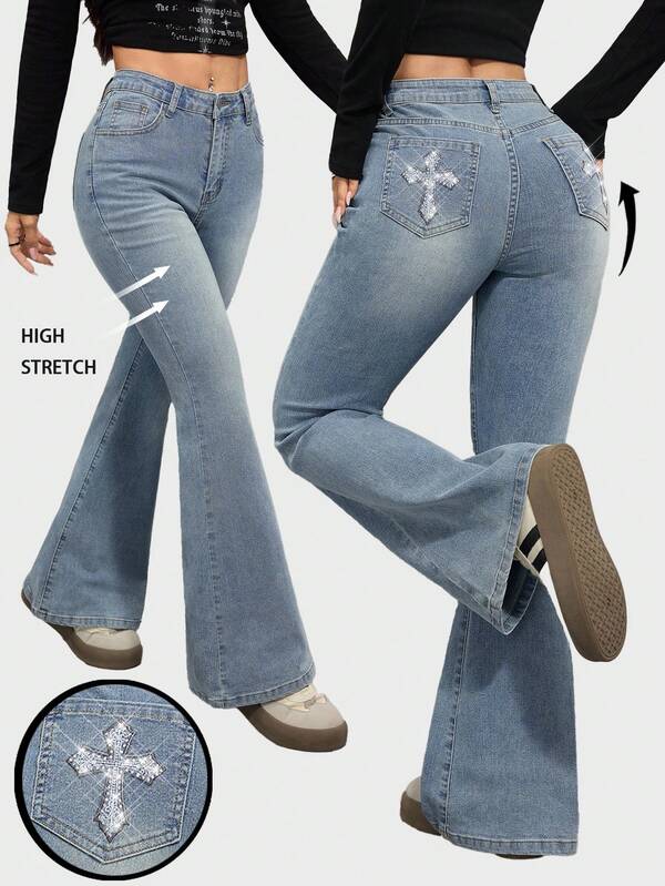 Teen Girl Y2k Cross Embroidered Blue Denim Stretch Flare Pants,Fall Clothes,Winter Clothing ,Casual And Fashionable Vacation Outfits,2000s Style ,Halloween Denim Jeans ,Christmas ,Pocket Embroidery,Vintage Denim Jeans