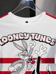 LOONEY TUNES X SHEIN 女式休闲字母和卡通图案圆领短袖T恤，夏季 - 白色 - 查看 5