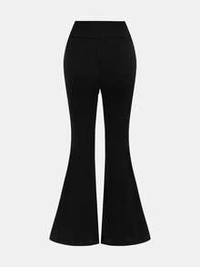 Leap Crew Tween Girls Spring Streetwear, Black Ribbed Solid Trousers, Cute High Waist Flared Pants, Comfortable Textured Fabric, High Stretch Black Flared Pants For Tween Girls