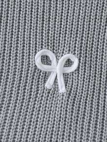 SHEIN Young Girl' Gray Solid White Bow Decor Round Neck Long Sleeve Sweater - Grey - View 6