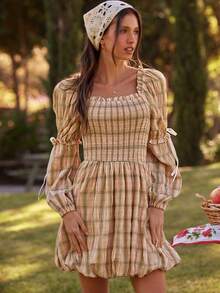 WESTFADE Smocked Square Neck Long Puff Sleeve Ruffle Trim Plaid Bubble Hem Mini Dress Fall, Autumn, Winter, Boho, Casual, Cute, Western Wear, Country Outfit - Brown - View 5