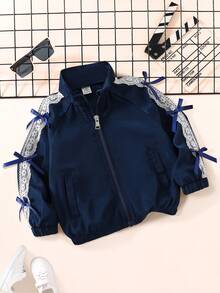 SHEIN 1件女婴甜美可爱时尚藏蓝色撞色白色蕾丝边饰蝴蝶结长袖立领全拉链夹克飞行员外套柔软轻便风衣外套上衣适合户外活动、学校聚会、日常穿着，春秋冬季皆宜 - 藏蓝色 - 查看 3