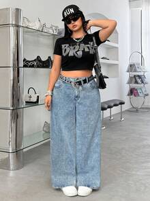 Jeanoix Quần jean ống rộng dáng rộng, túi rách, thời trang Y2K dành cho nữ cỡ lớn - Màu xanh bụi bặm - Xem 6