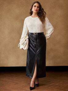 MOTF PREMIUM BLUSA CON VOLANTES TALLA GRANDE PARA OTOÑO E INVIERNO - Beis - Ver 5